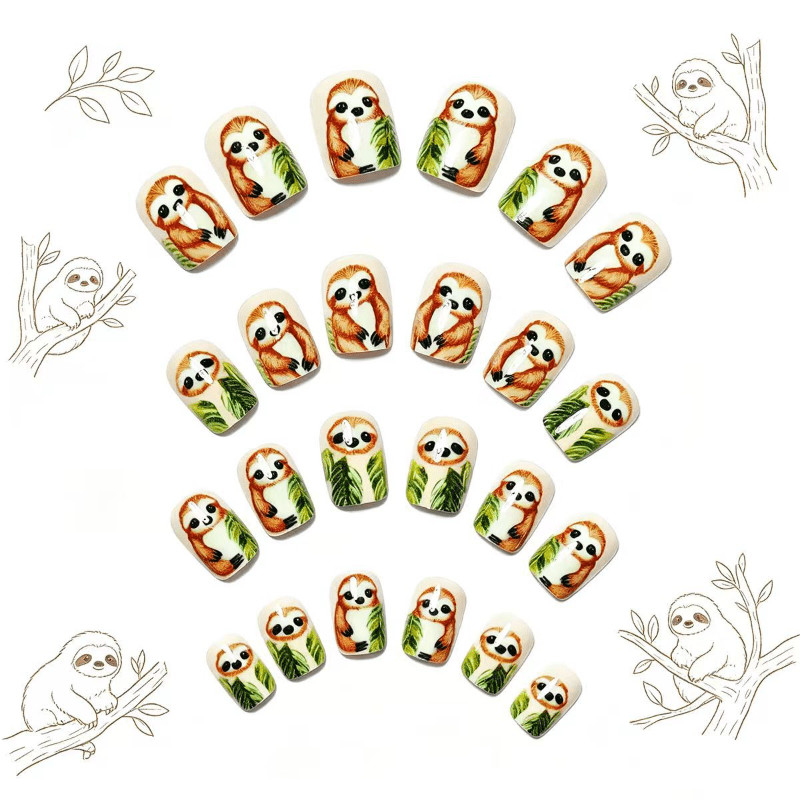 48pcs Short Square Press on Nails, Sloth Tree Leaf Hand Paint Cartoon Nails