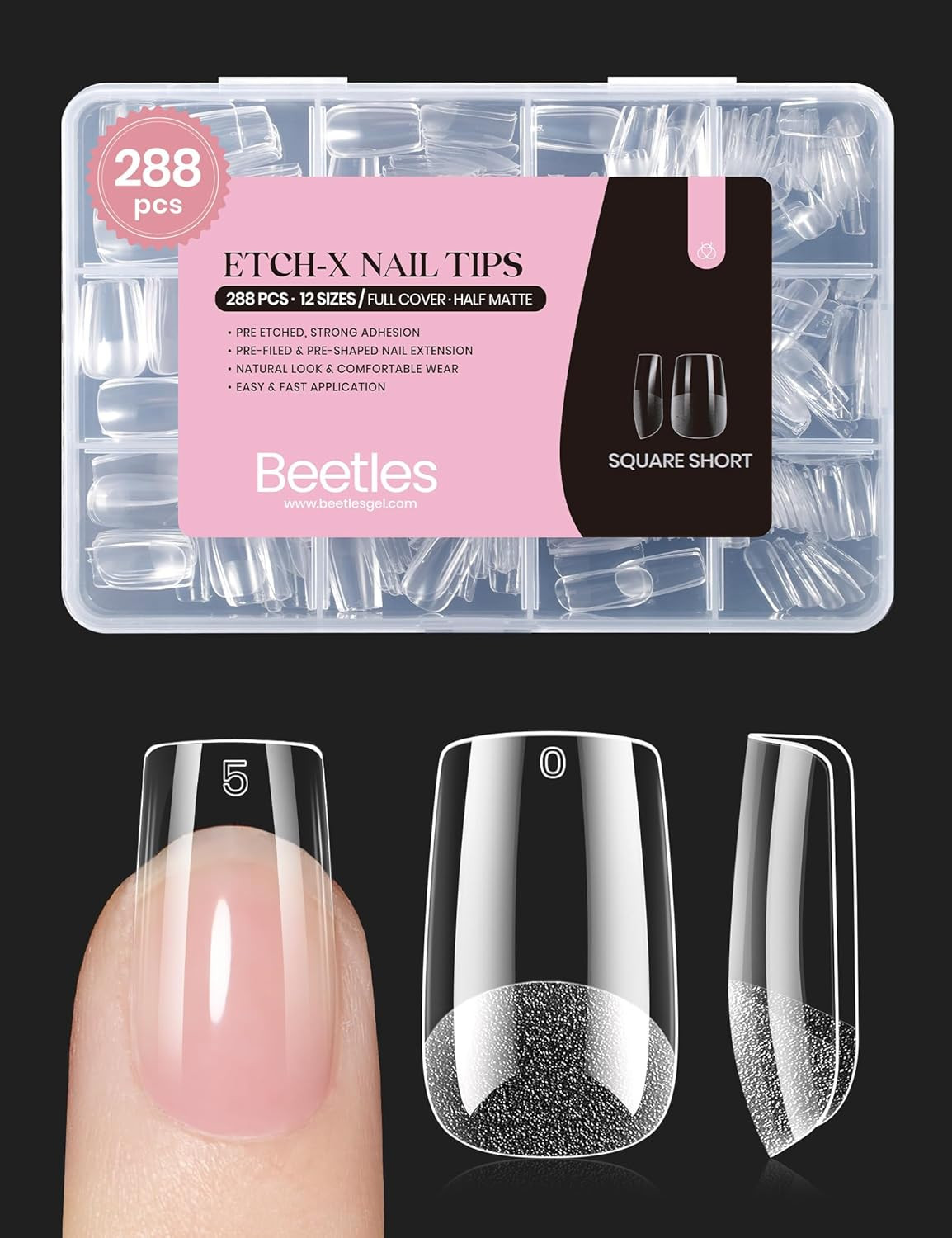 Gel Nail Tips Etch-X, Square Short, 288Pcs 12 Sizes, Pre-Etched Half Matte Full