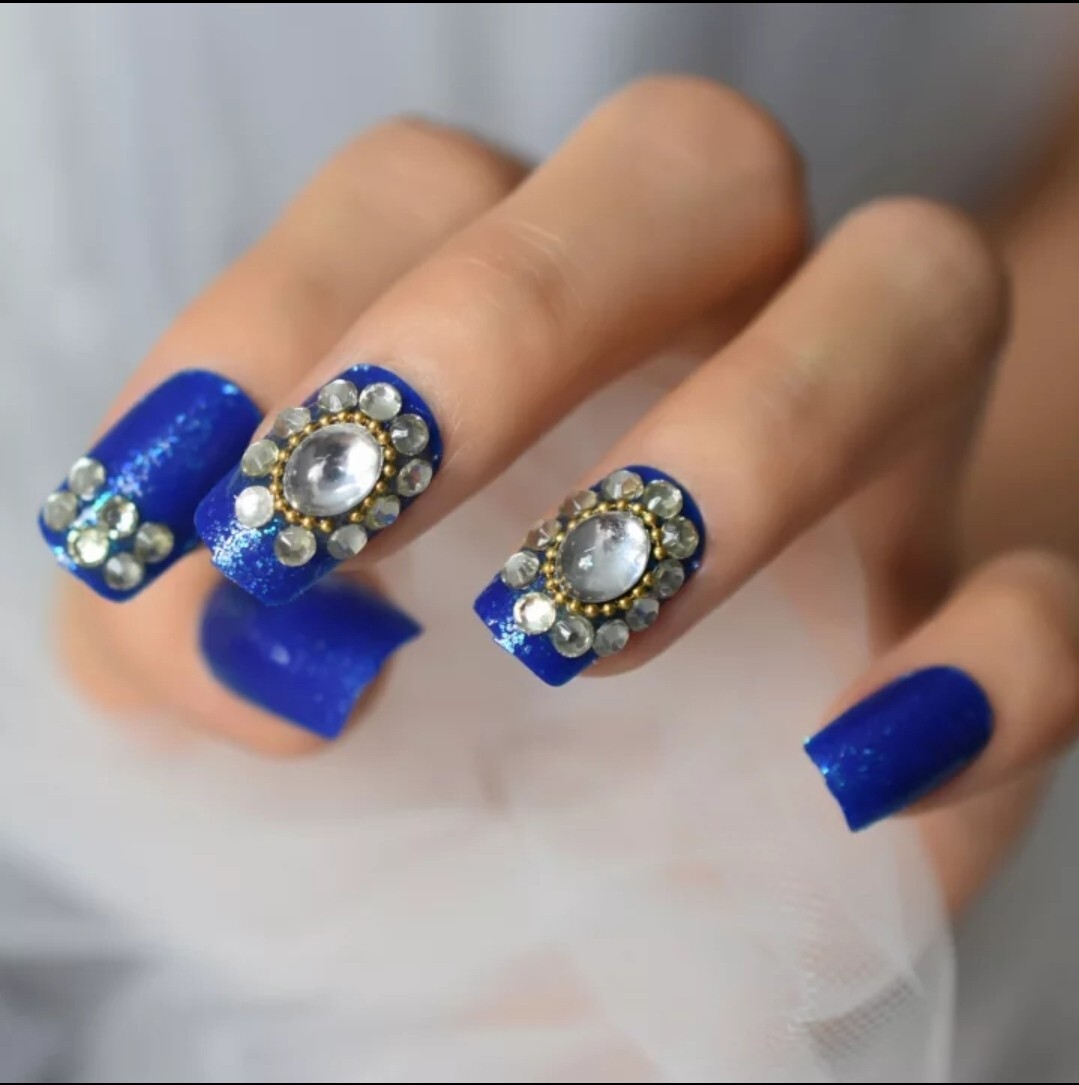 24 Blue Bling Press on nails kit Gems rhinestones square shimmer glue on