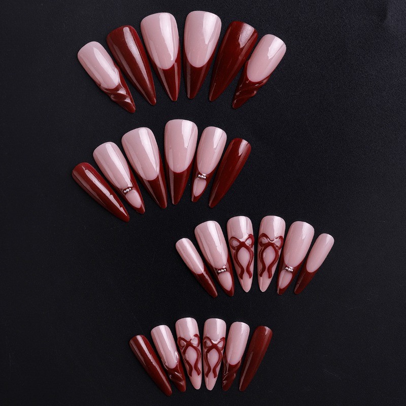 48 Pieces of Red Nude Color Blocked 3D Bow Fake Nails – Removable Nail Art
