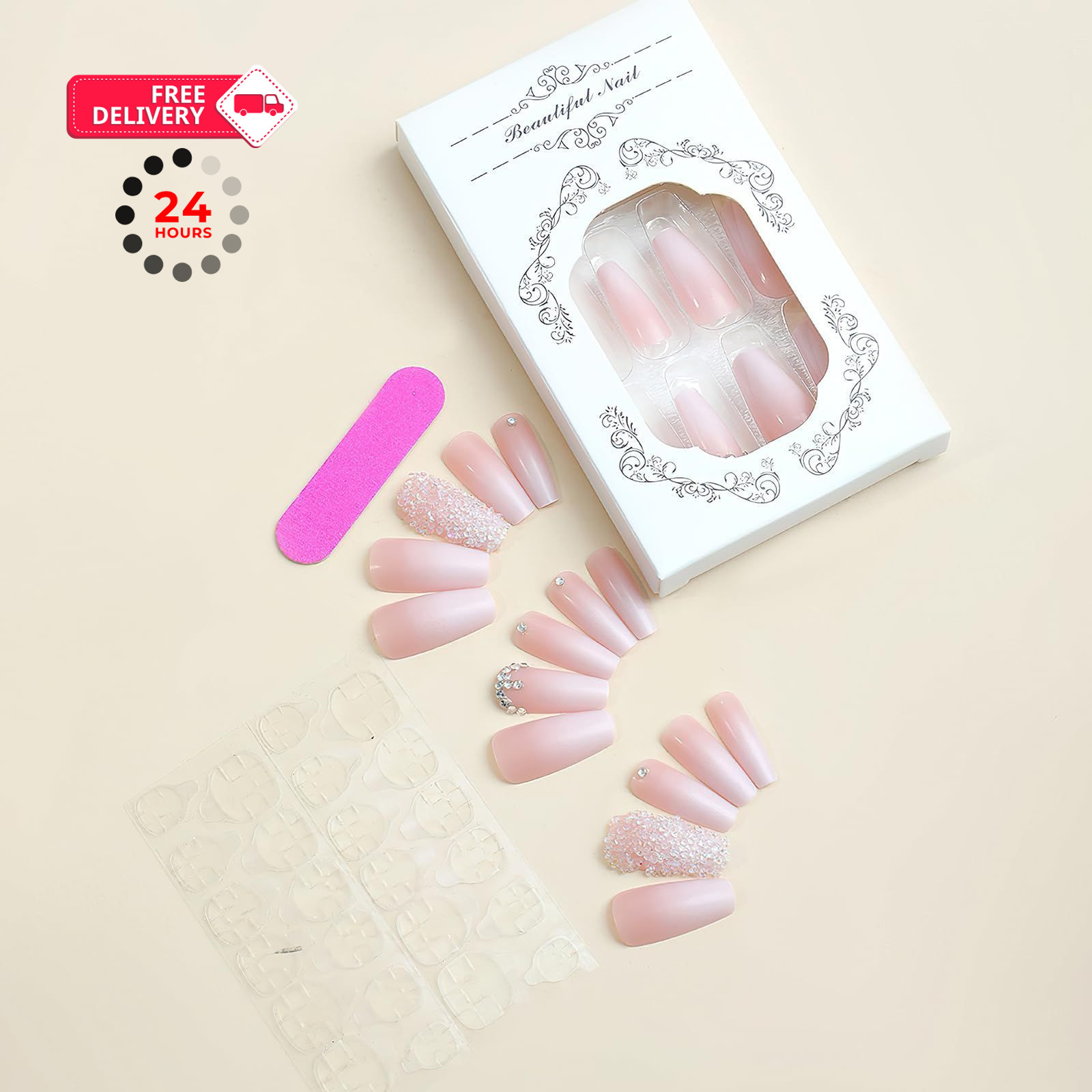 Jremg Pink Press On Nails – Long Square Coffin Fake Nails, Multicolor