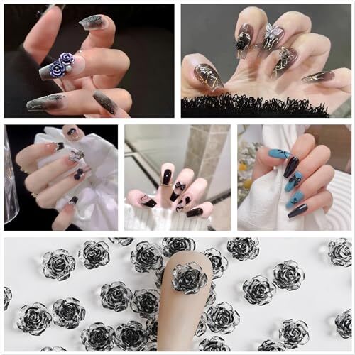 850 Pieces 3D Butterfly Rose Flower Bow Rabbit Bear Nail Charms Kit with Black
