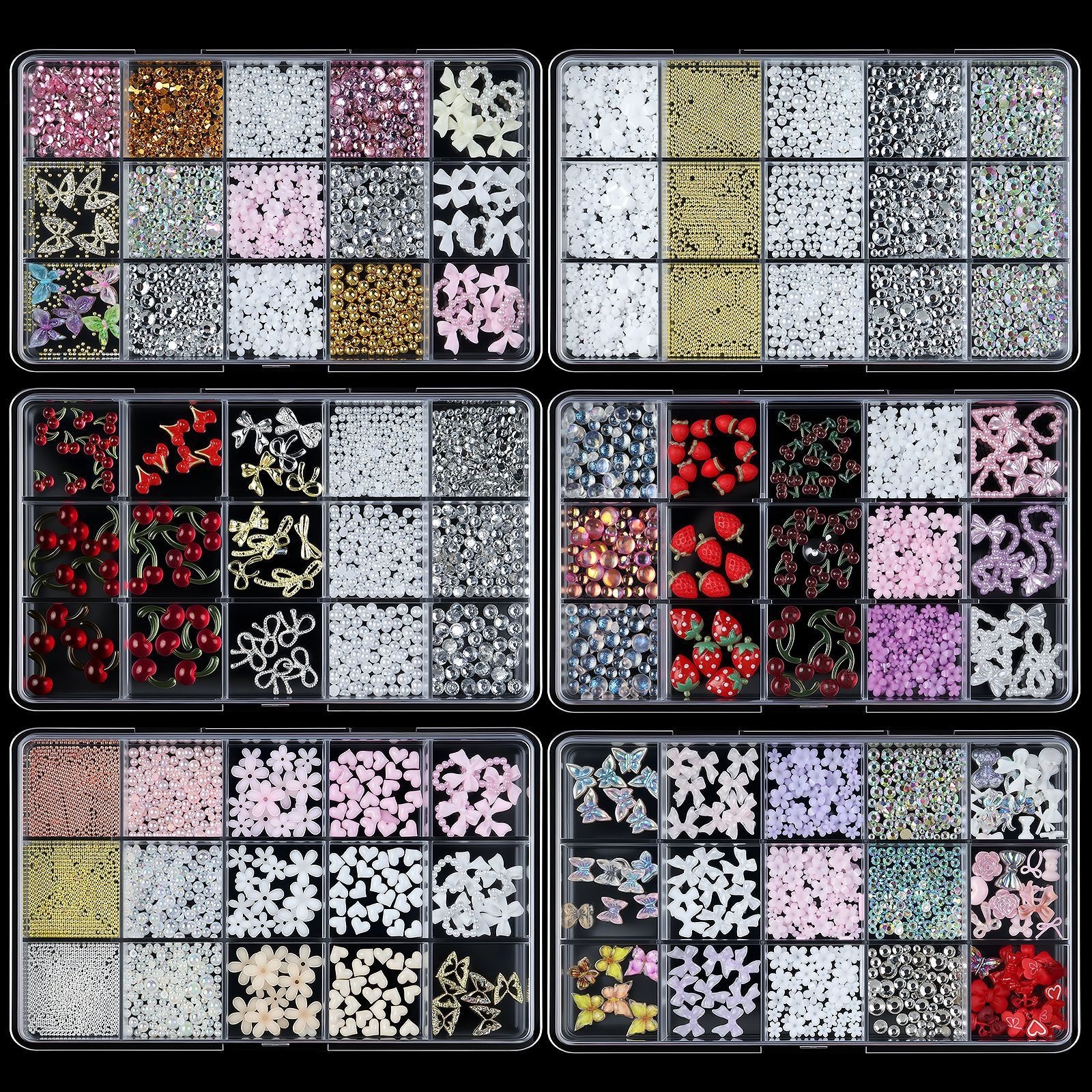 15Grids/Box Resin Nail Art Decor Multi Shape Flower Bow Butterfly Moon & Heart