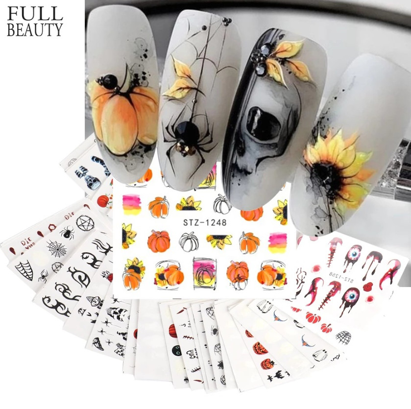 Halloween Nail Art Stickers Water Transfer Decals Ghost Pumpkin Skull Web NH23