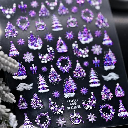 1 Sheets Purple Christmas Nail Art Stickers Embossed Xmas Snowflake Nail Wen-21