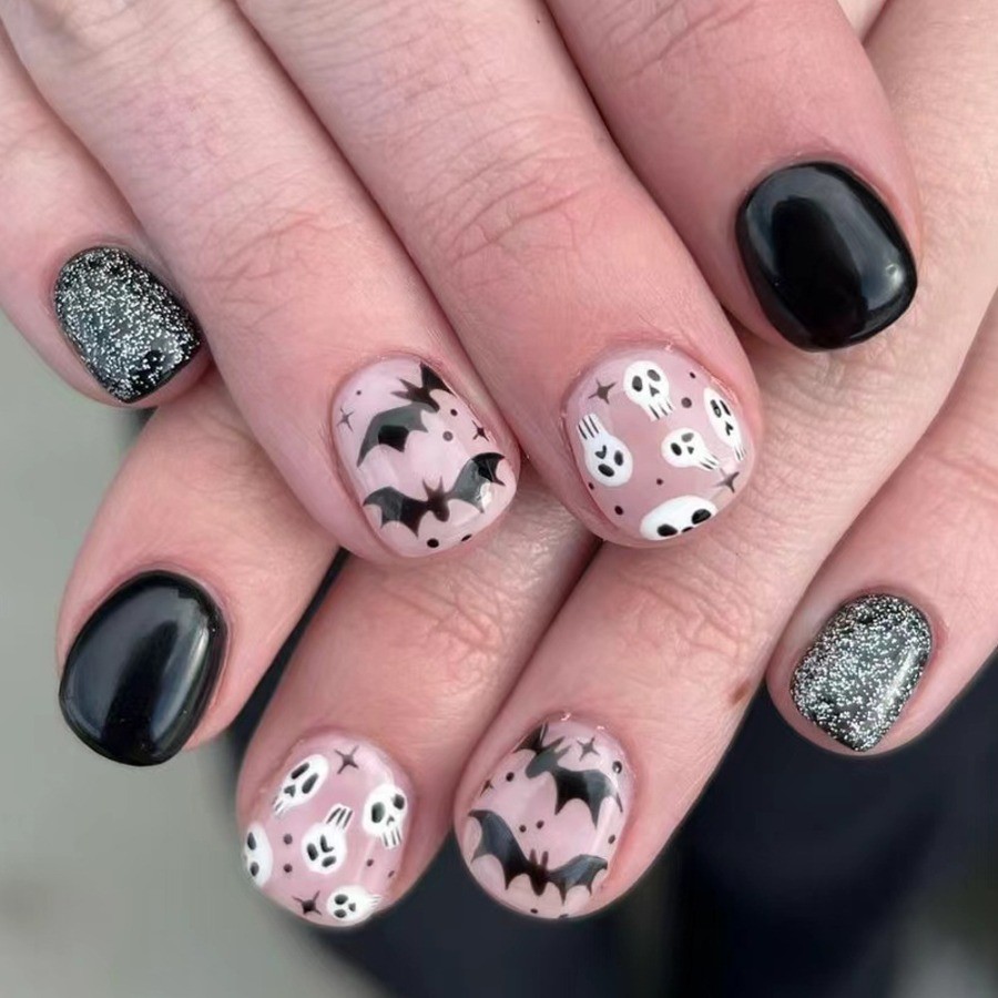 48pcs-Cute Spooky Nails, Press on Short Square with Pink, Black & Silver Glitter