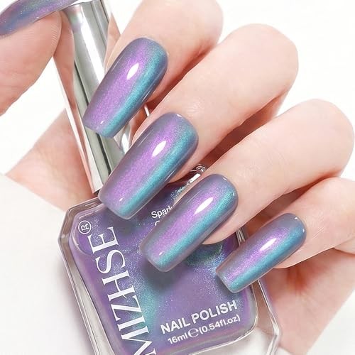 Cat Eye Nail Polish Non Gel, Quick Dry Blue Glitter Cateye Purple Aurora