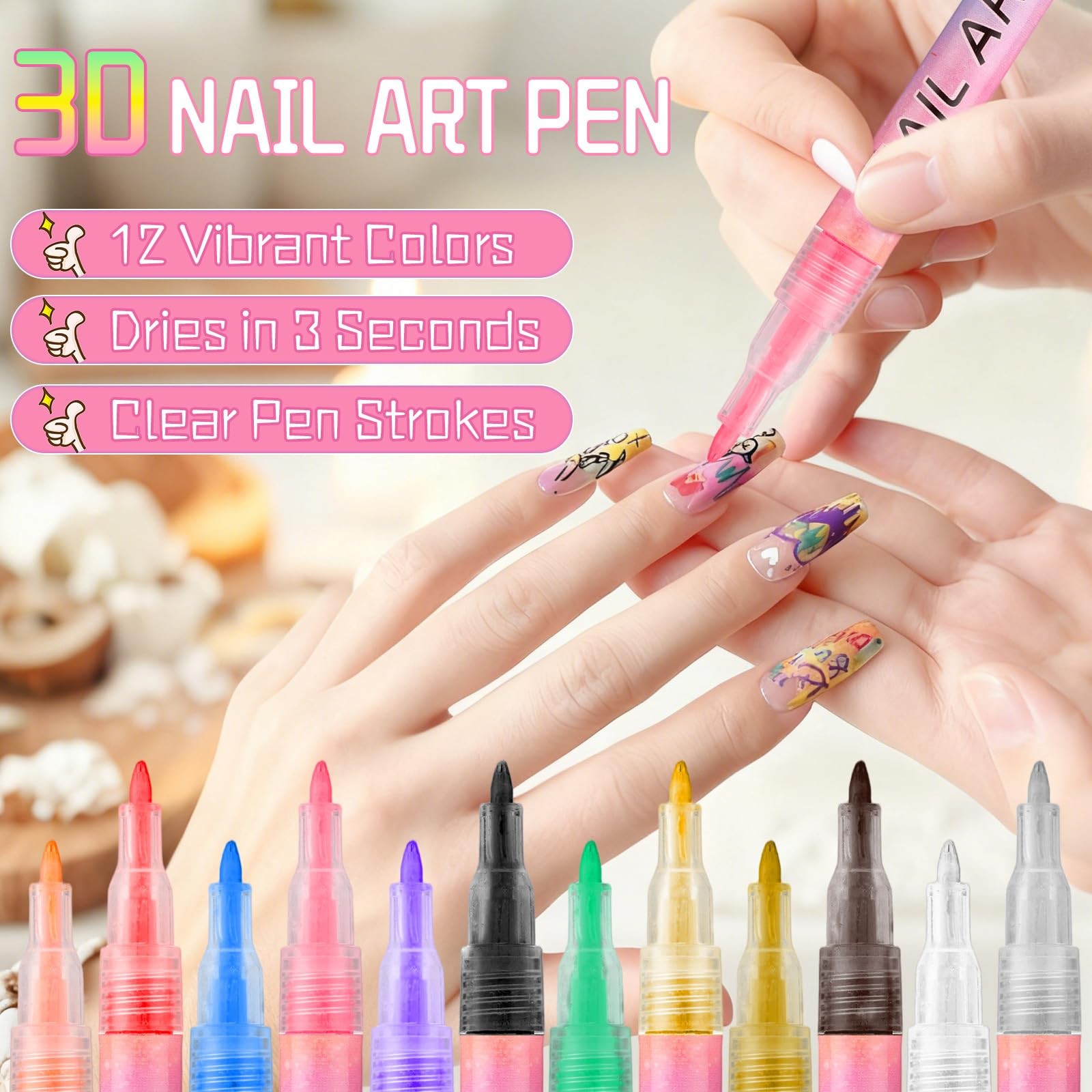 12 Colors Nail Art Pens Set, 3D Nail Polish Pens, Nail Art Pens for Dotting Draw