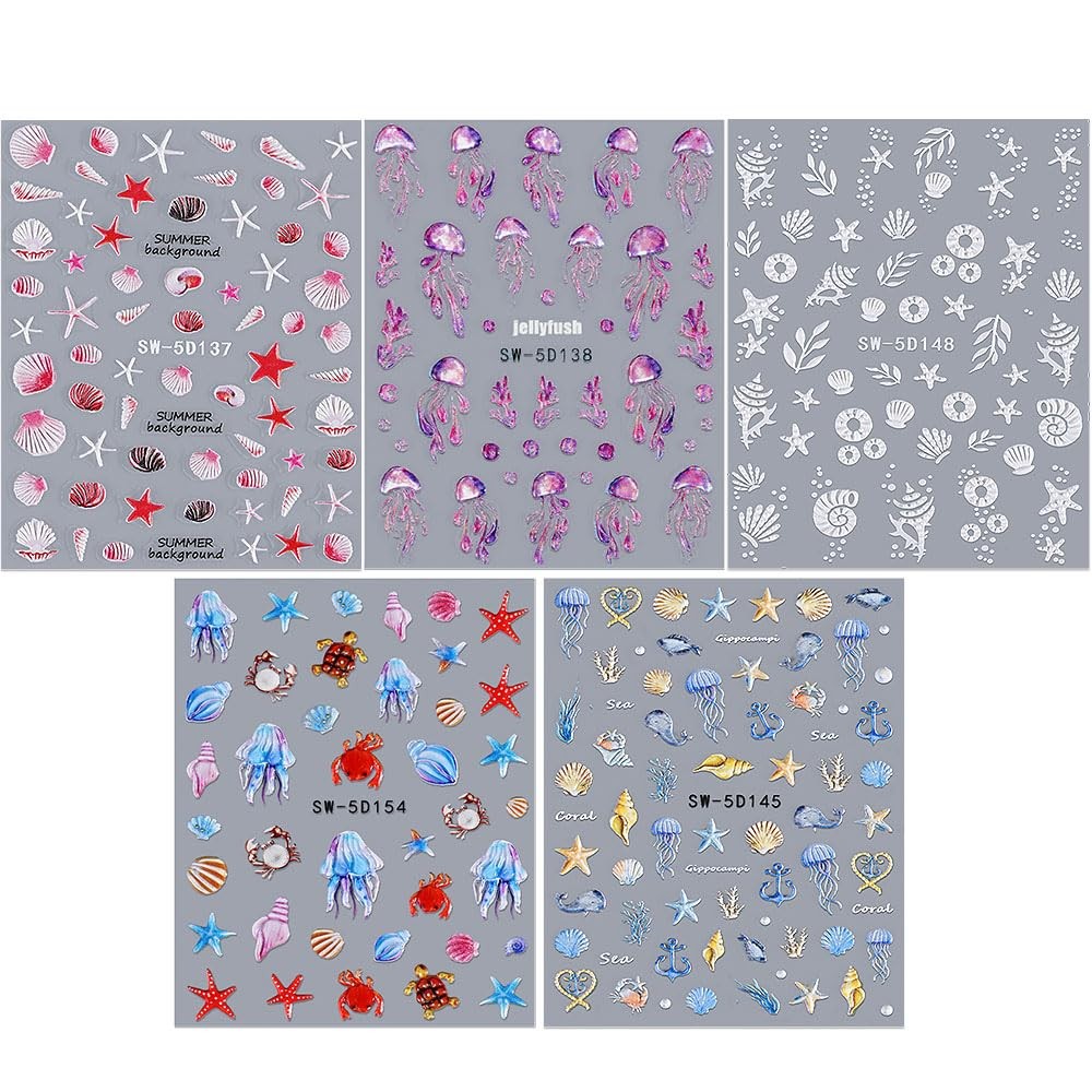 5D Embossed Ocean Nail Stickers – Summer Decals With Shell, Colorful