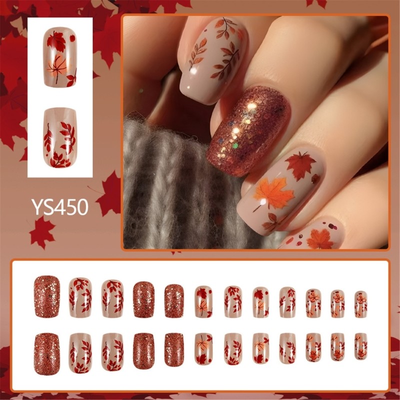 24pcs Stylish Fall Leaf Designs Artificial Nail False Nail For Any Occasion