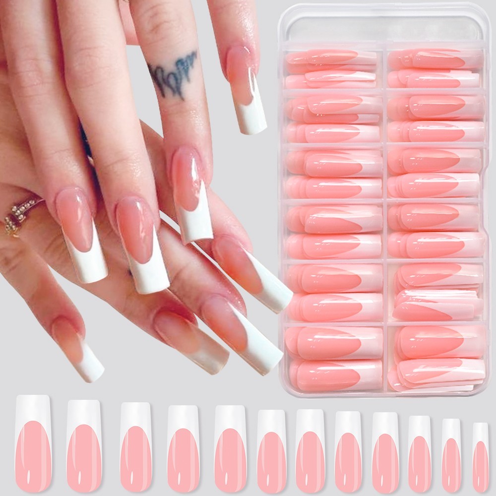 Title: 120PCS Glossy Pink French Press On Nails 12 Sizes Full Cover False Nails