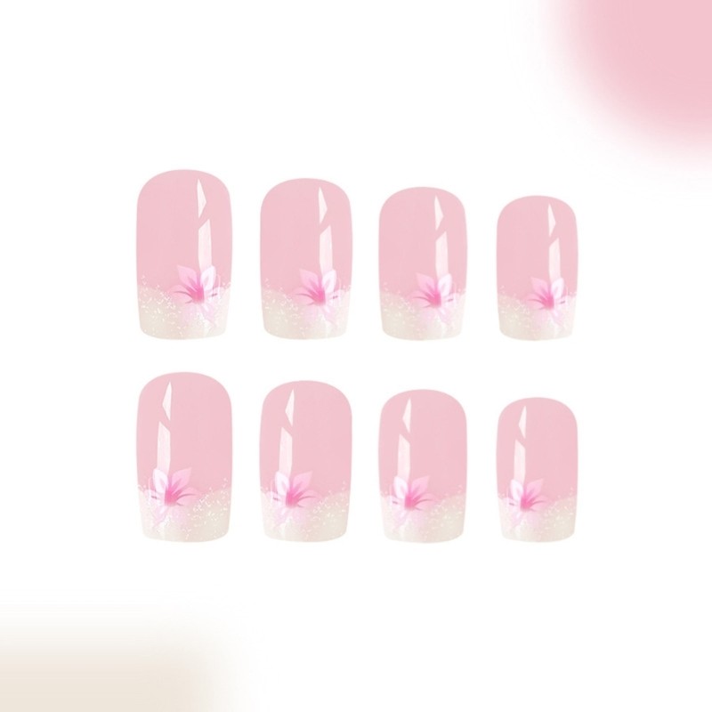 24 Pieces Flower Press on Nail Short Glittering on Nail Glossy False Nail