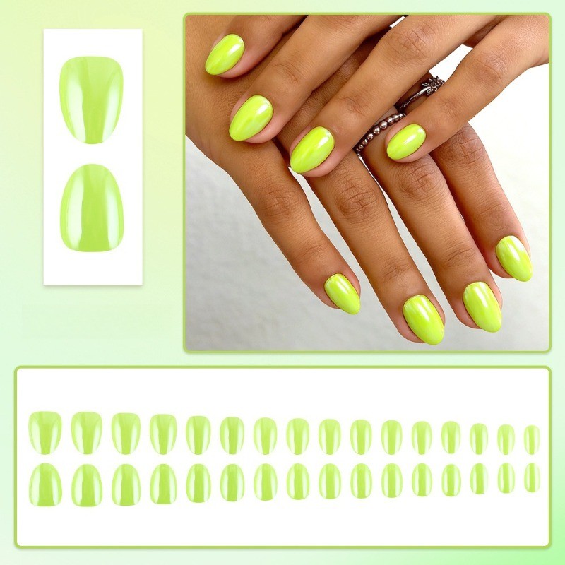 64pcs-Bright Yellow Green Press on Nails, Short Oval Neon Solid False Nails