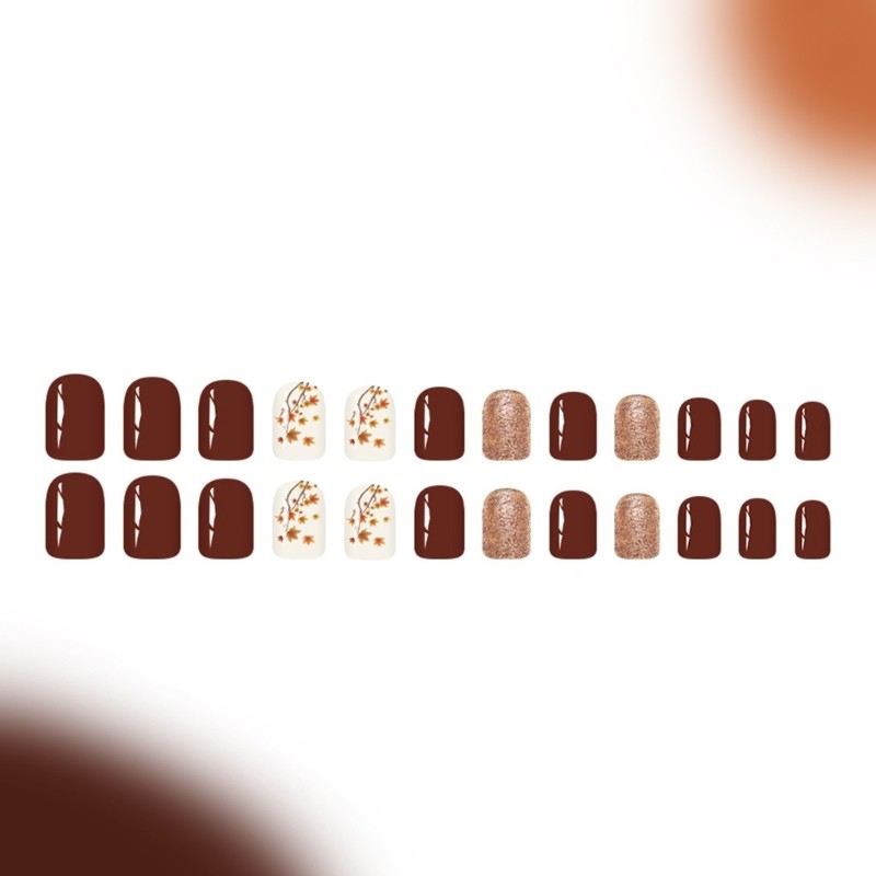 24pcs Short Square False Nail Glittering Maple Leaf Pattern Not Need Tools