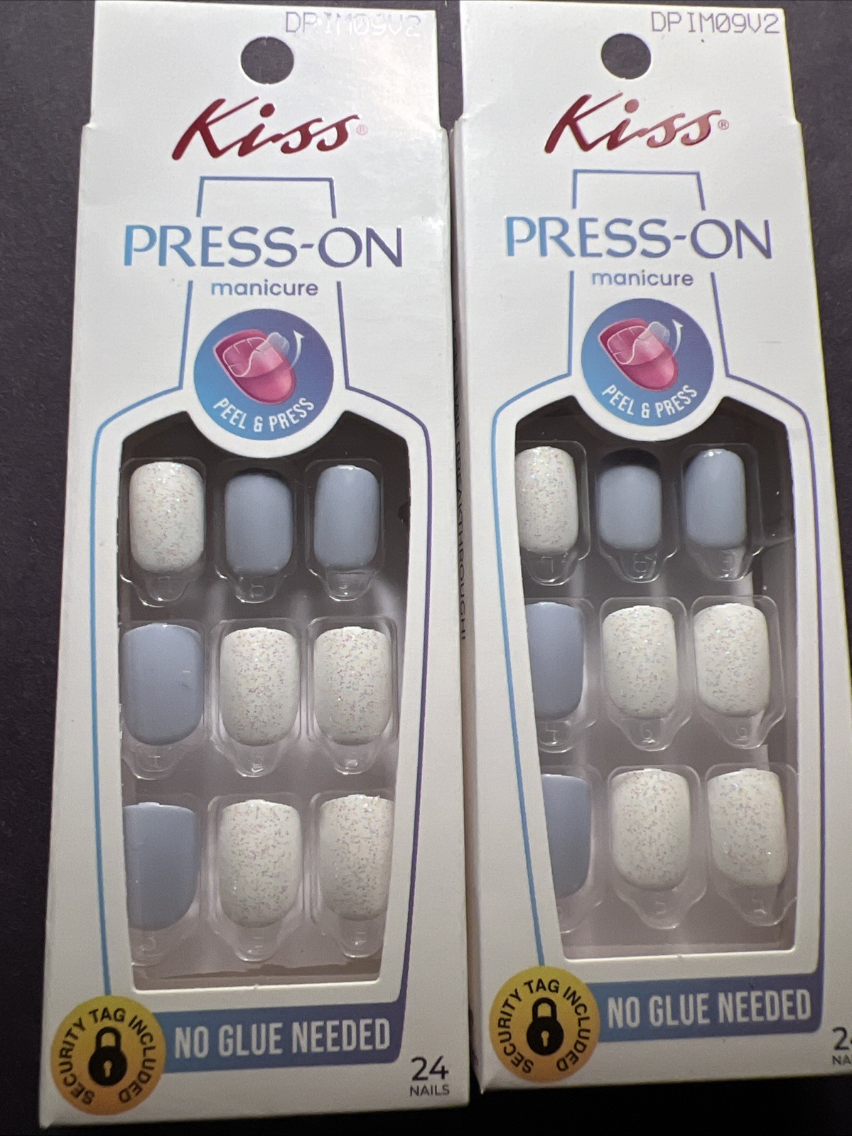 2x~Kiss imPRESS No Glue Press-On Nails~Blue White Sparkle~Short Length~Square