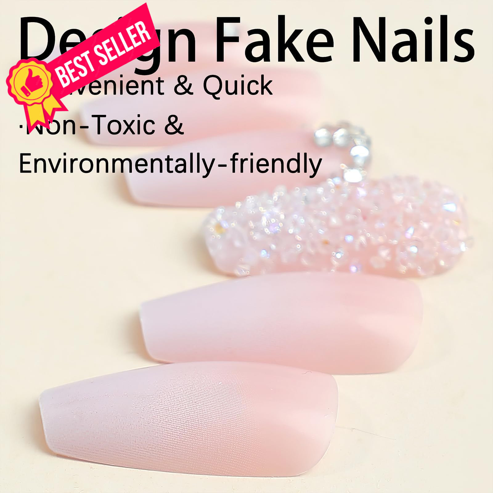 Jremg Pink Press On Nails – Long Square Coffin Fake Nails, Multicolor