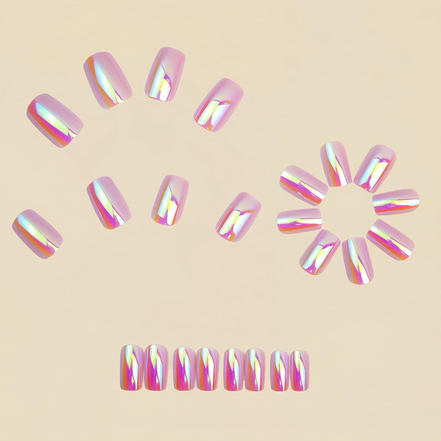Chrome Press on Nails Medium Square Fake Nails Press Ons with Glossy Holographic