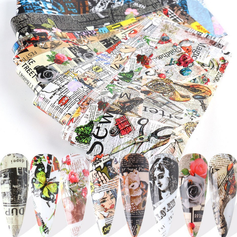10Pcs Rose Newspaper Magazine Nail Art Transfer Foil Sticker Decal Manicure 5114