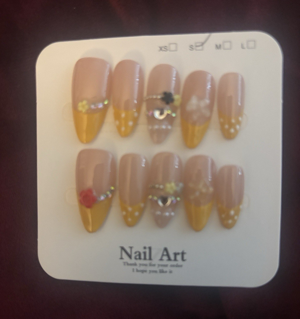 Press-On Nails Set Beige/Gold 3D Flowers Medium Almond Full Cover Pre-Designed