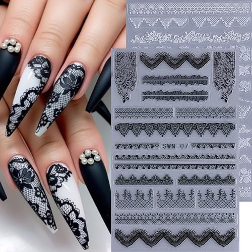 Lace Flower Nail Art Stickers 6 Sheets Black White Floral Black White Flower