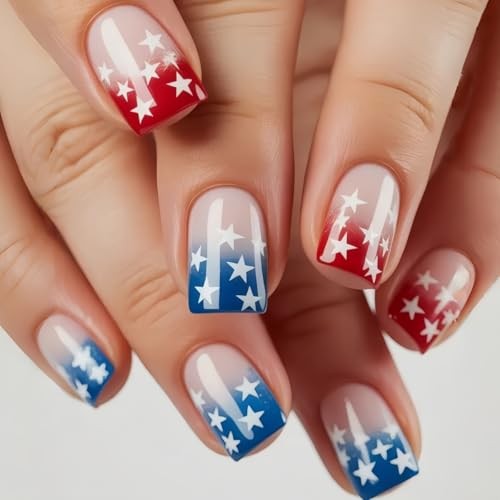 4th of July Press on Nails – Short Square Red White Blue Gradient Style-17