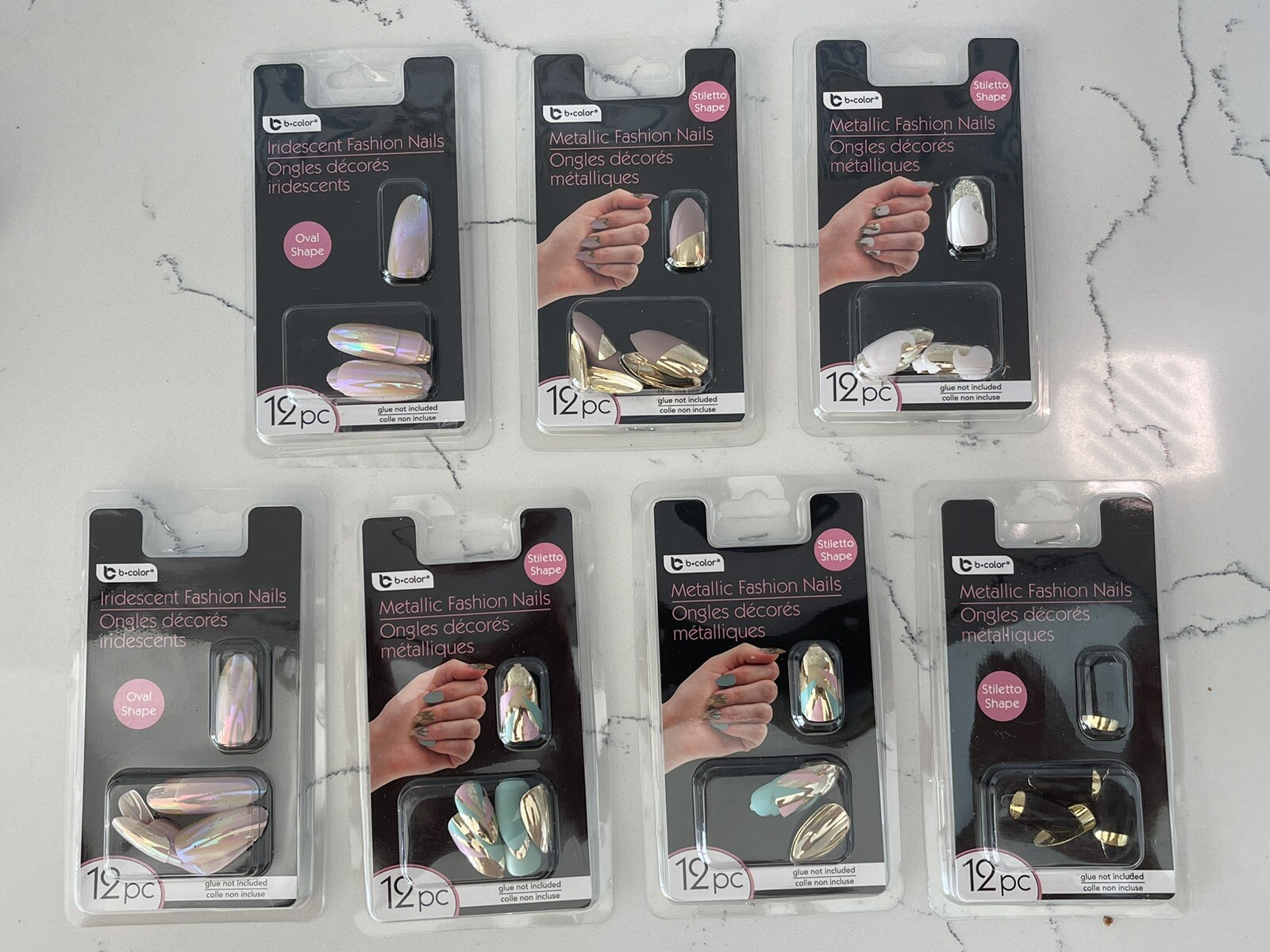 Metallic and Iridescent Fashion Nails Lot Of 7 Stiletto and Oval Shape New! 72pc