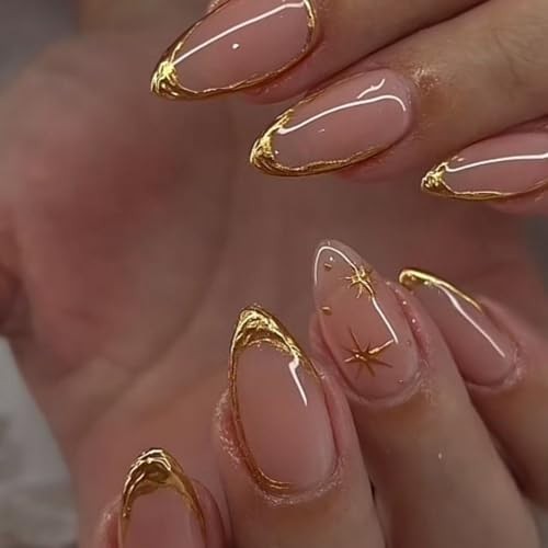 Almond Shaped Press on Nails Short Fake Nails 3D Golden Embossed Style 22