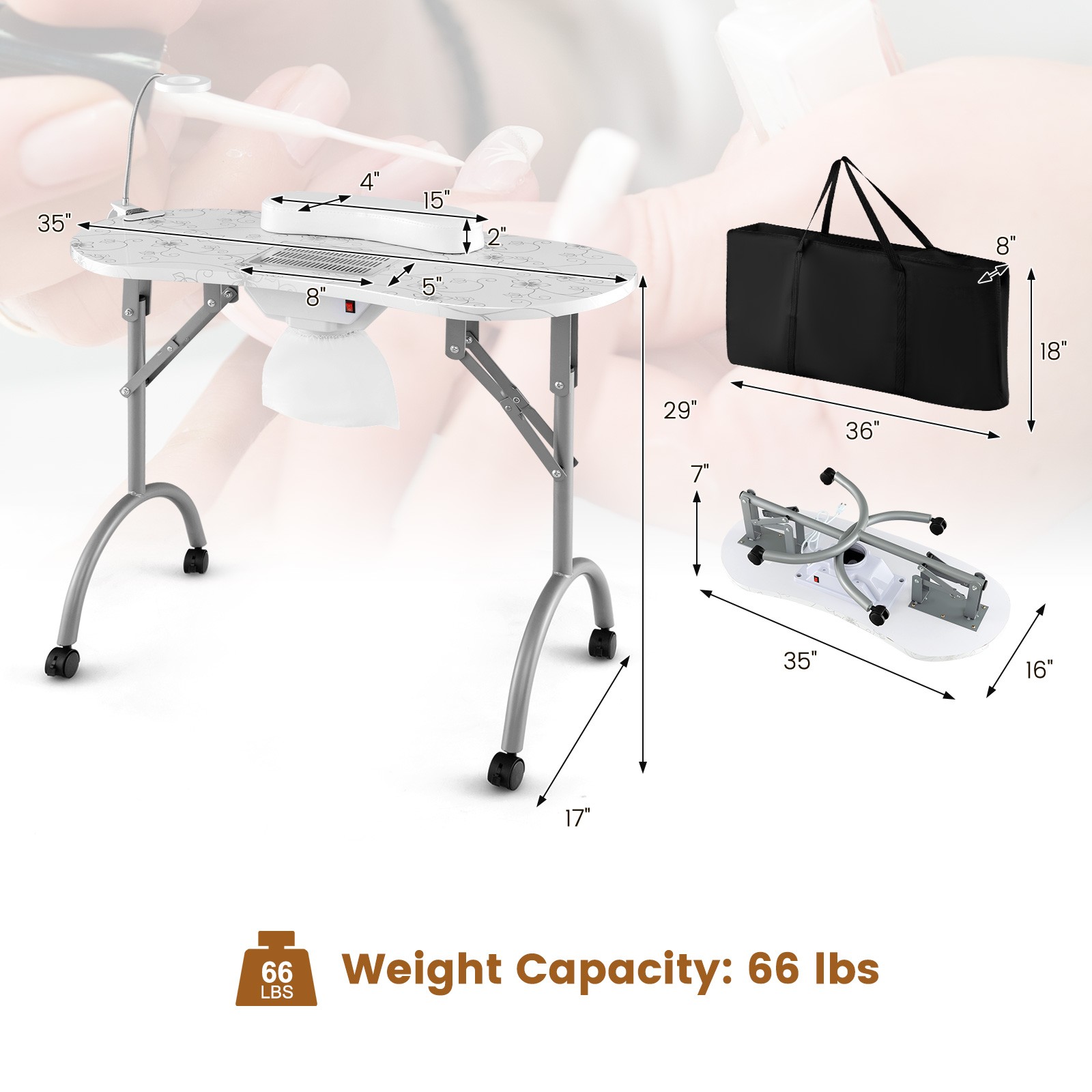 Folding Manicure Nail Table on Wheels w/Soft Wrist Pad & Electric Dust Collector