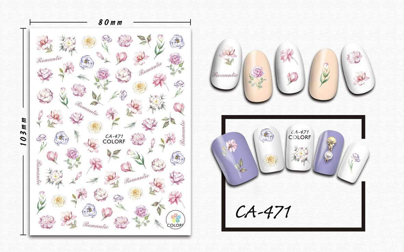 Nail art 3D stickers decal white pink blue flowers green leaves romantic CA471