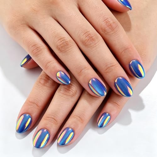 Aurora Blue Metallic Fake Nails – Oval False Short Style-21 – Metallic Finish