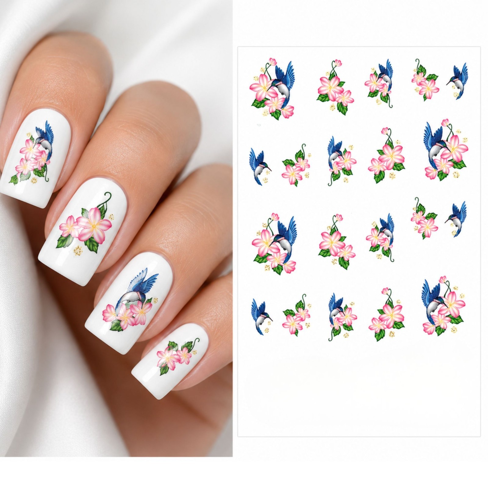 Hummingbird Pink Frangipany Flower Nail Decals Water Transfer Sticker Manicure