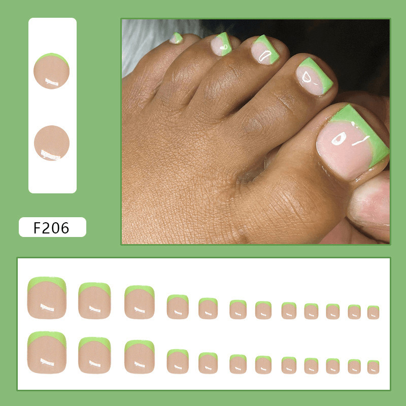 48pcs Short Square Press on Toe Nails, Light Green French Tip Nude Base Nails