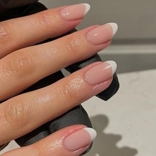 French Tip Press On Nails, Short Oval Fake Nails Nails Press B6-Nude French