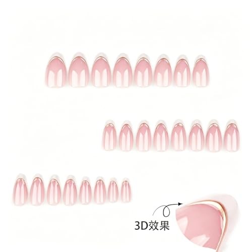 24Pcs Medium Almond White French Tip Double Gold Line Nude Short Style-30