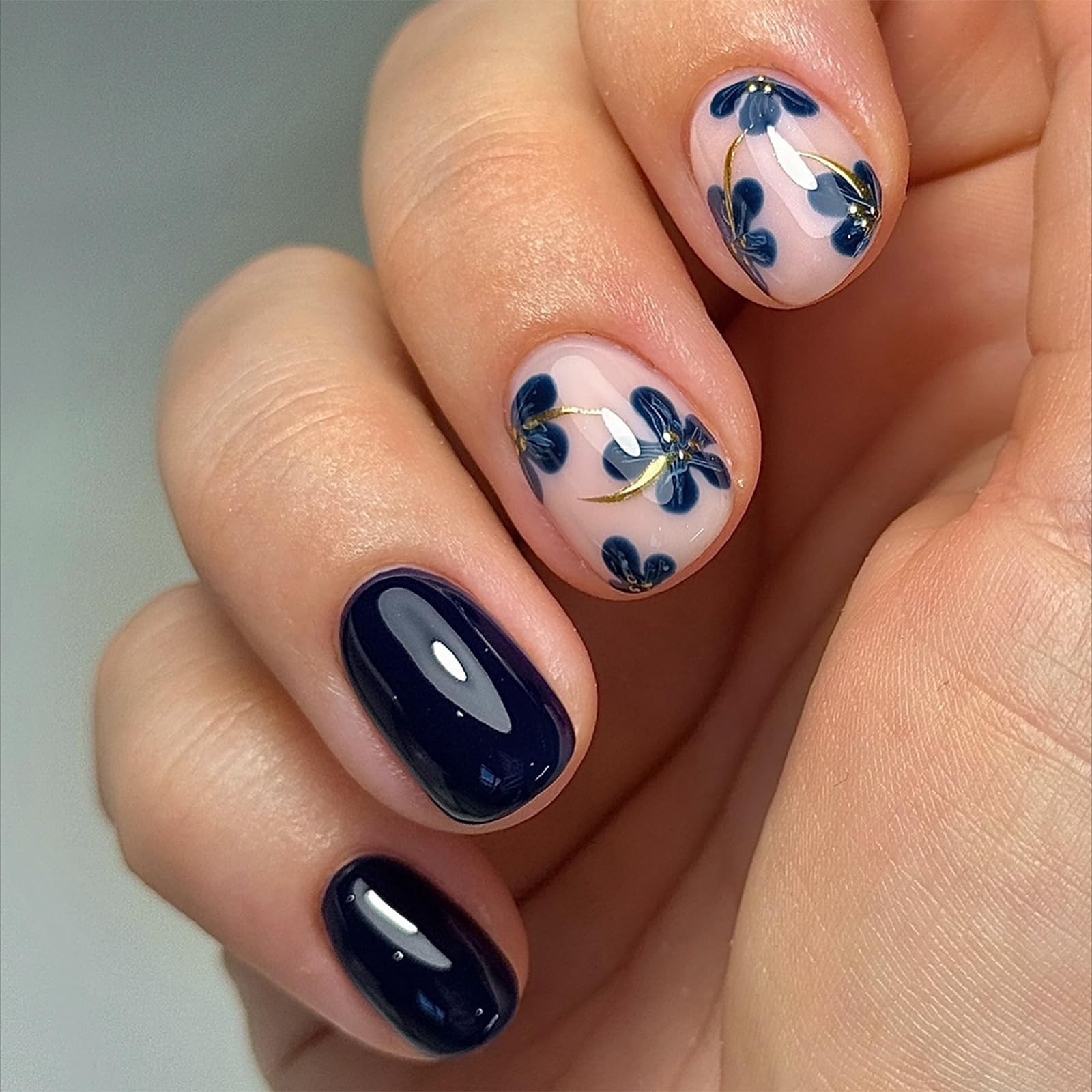 Spring Dark Blue Press on Nails Short Square Acrylic Nails Press ons Summer F…