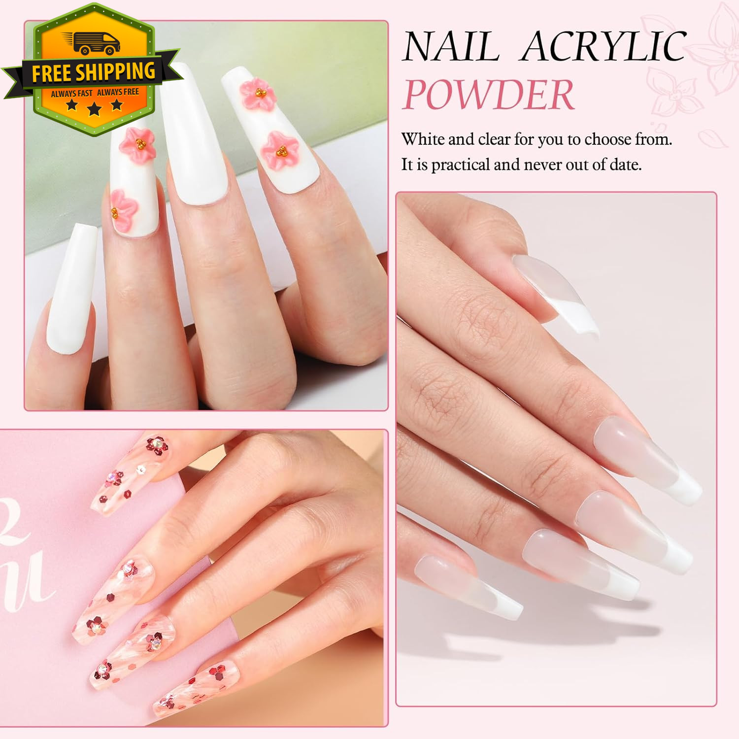 Acrylic Nail Kit With Drill UV Light 3 Powder Glitter Tips DIY Home Salon Set