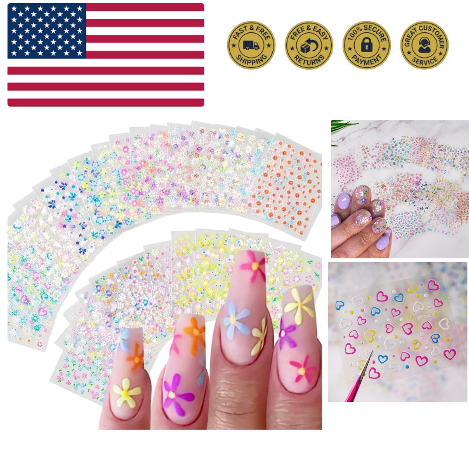 Flowers Nail Art Stickers Decals Colorful Flower Rose Daisy Cherry Blossoms N…