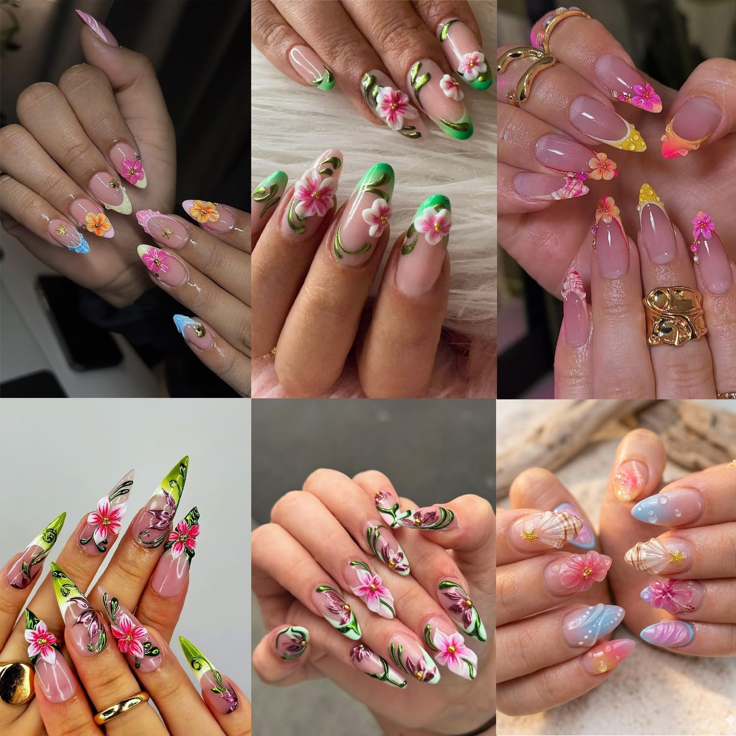 2 Sheets Spring Flower Nail Stickers for Nail Art 5D Self-Adhesive Embossed Fren