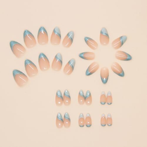 Light Blue French Tip Press on Nails Medium Almond – QUNQINLI Fake Design AB2