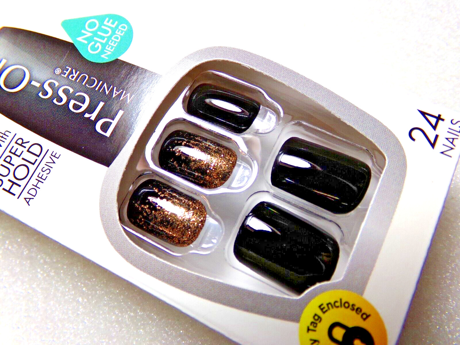 Kiss Press On Nails Shiny Black with Copper Glitter Accents Short