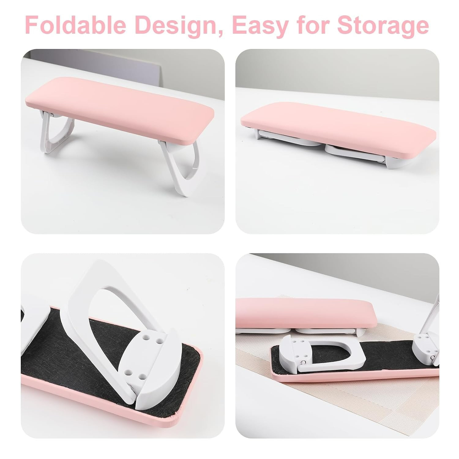 Pink Foldable Nail Arm Rest with Microfiber Cushion & Space-Saving Table Mat