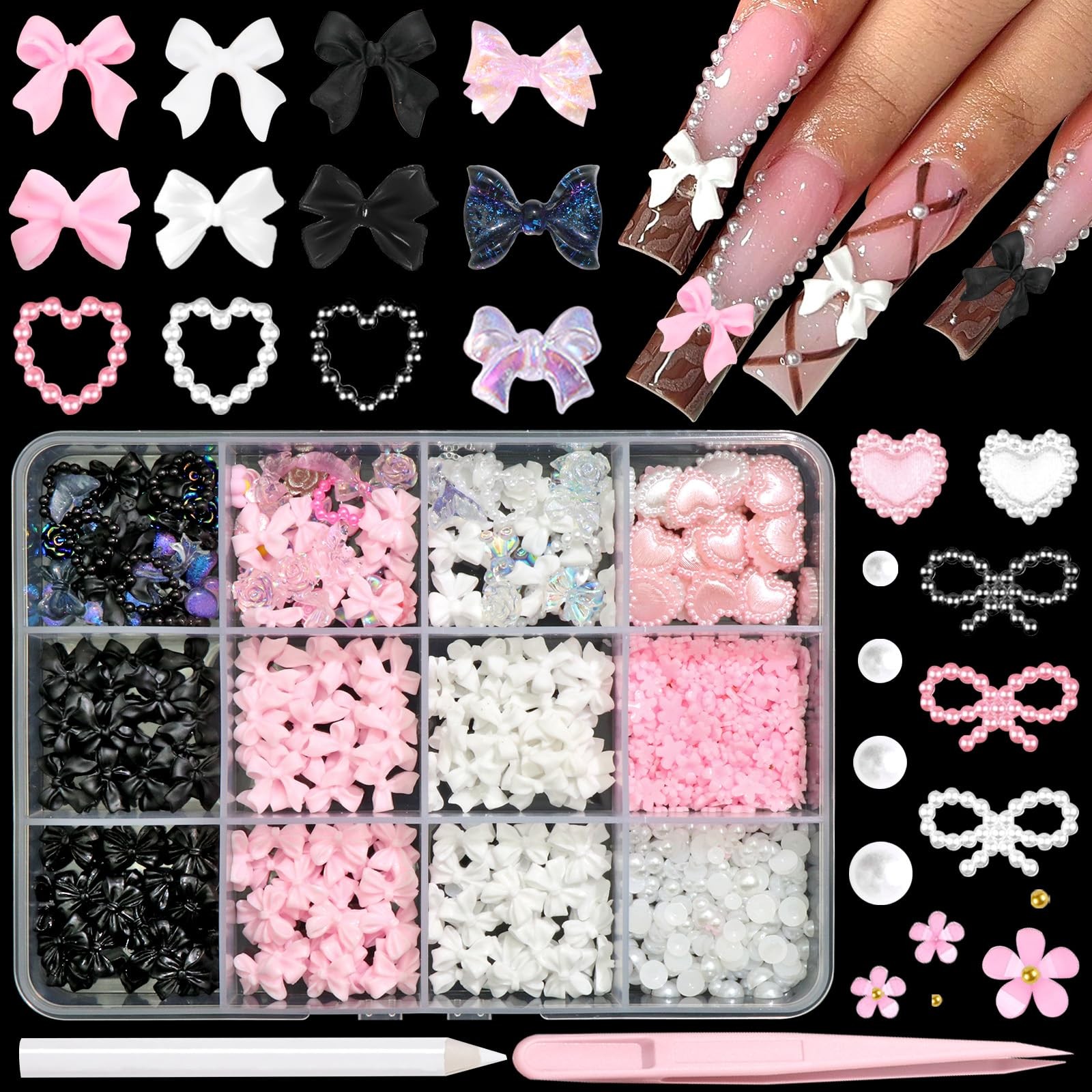 BELICEY 600Pcs 3D Nail Charms and Flatback Pearls Bows Flowers Hearts