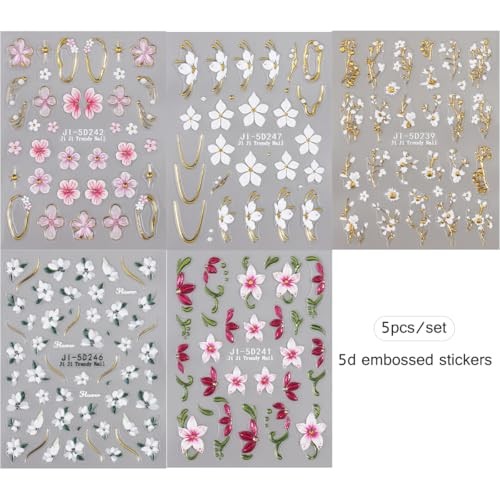 5D Embossed Flowers Nail Art Stickers, 5PCS Self-Adhesive White Colorful-06
