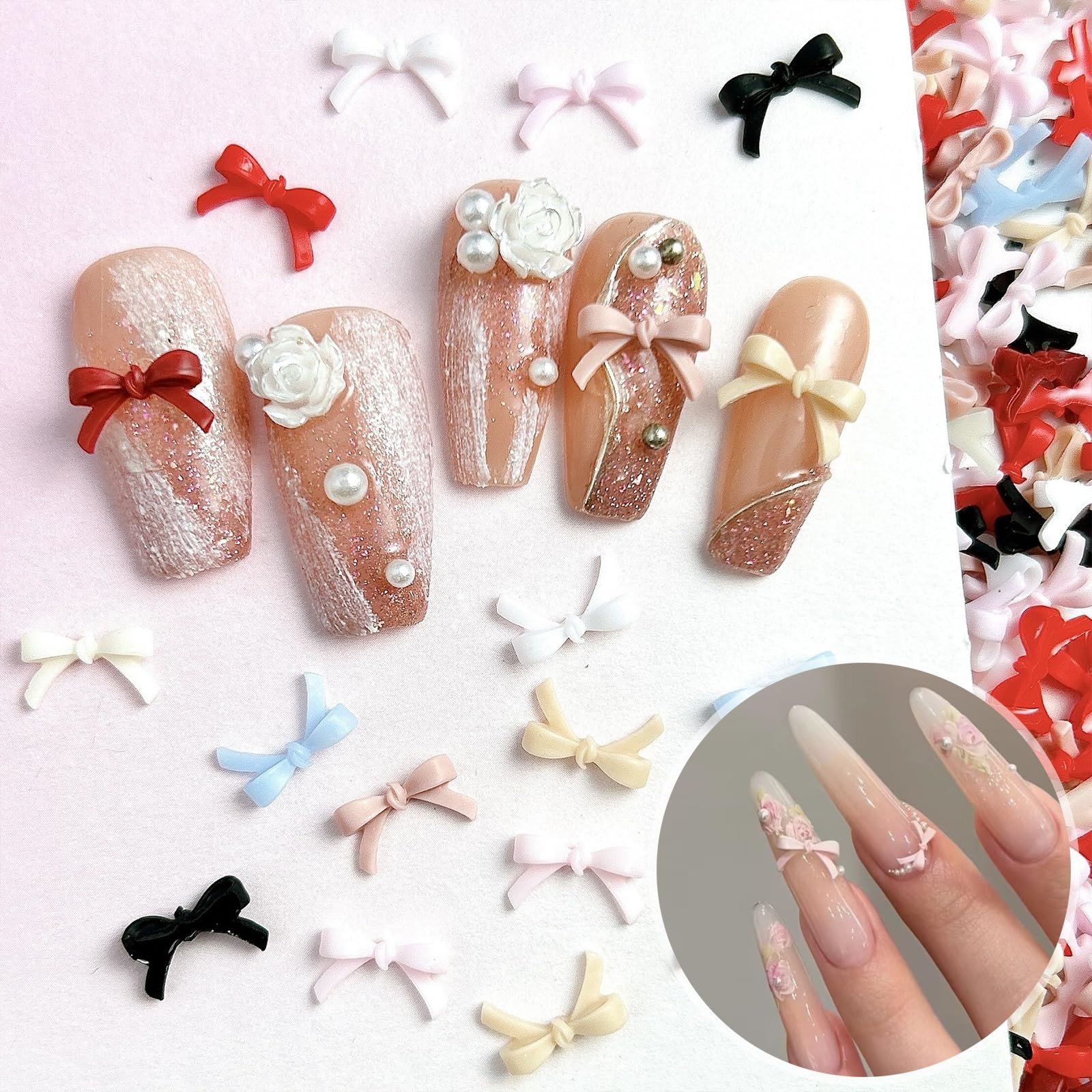 300PCS Bow Nail Charms Colorful 3D Bowknot Charms