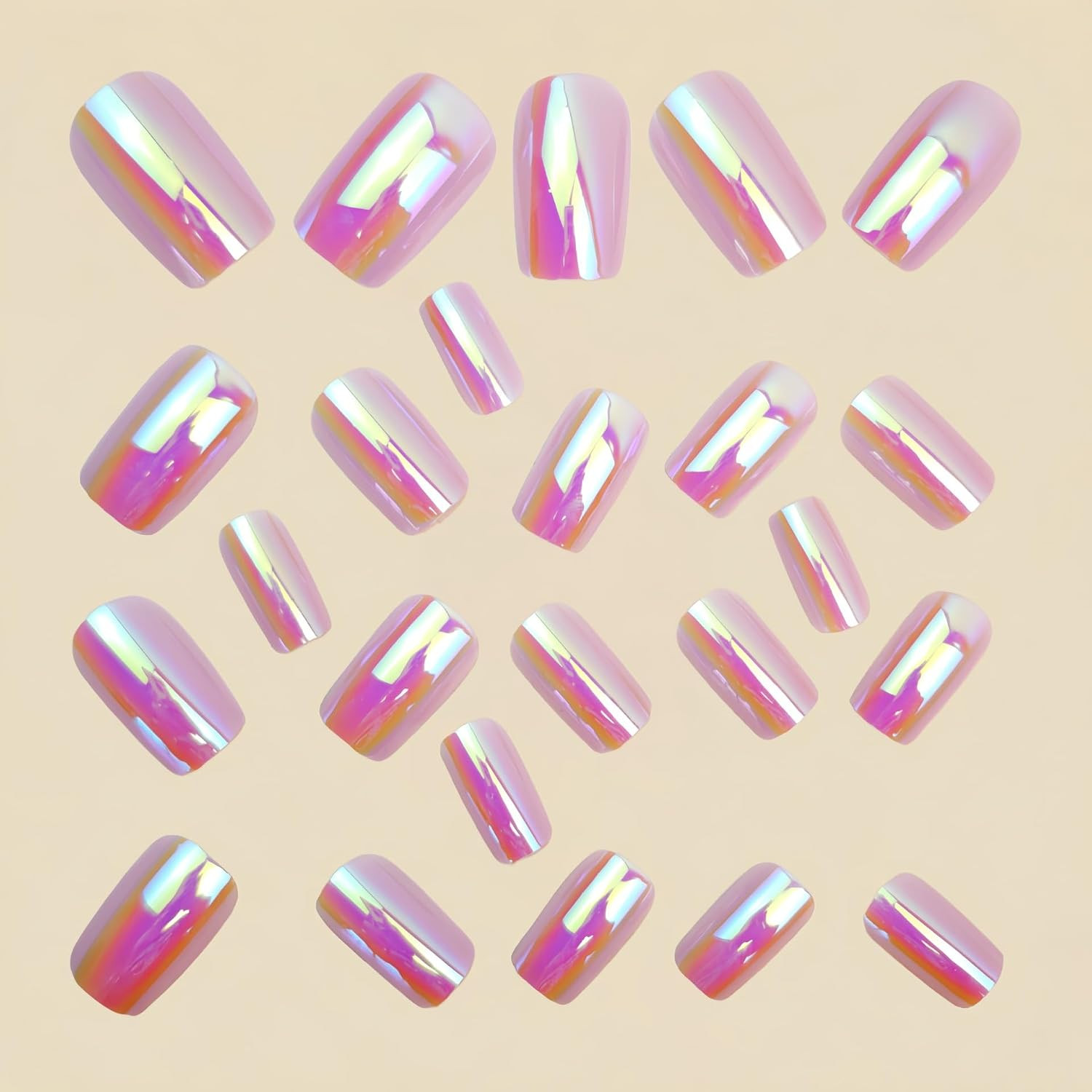 Chrome Press on Nails Medium Square Fake Nails Press Ons with Glossy Holographic