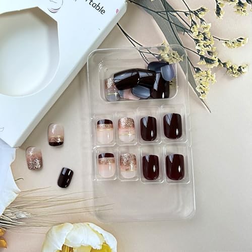 Press on Nails Short Length False Nails with Gold Foil Design Brown French