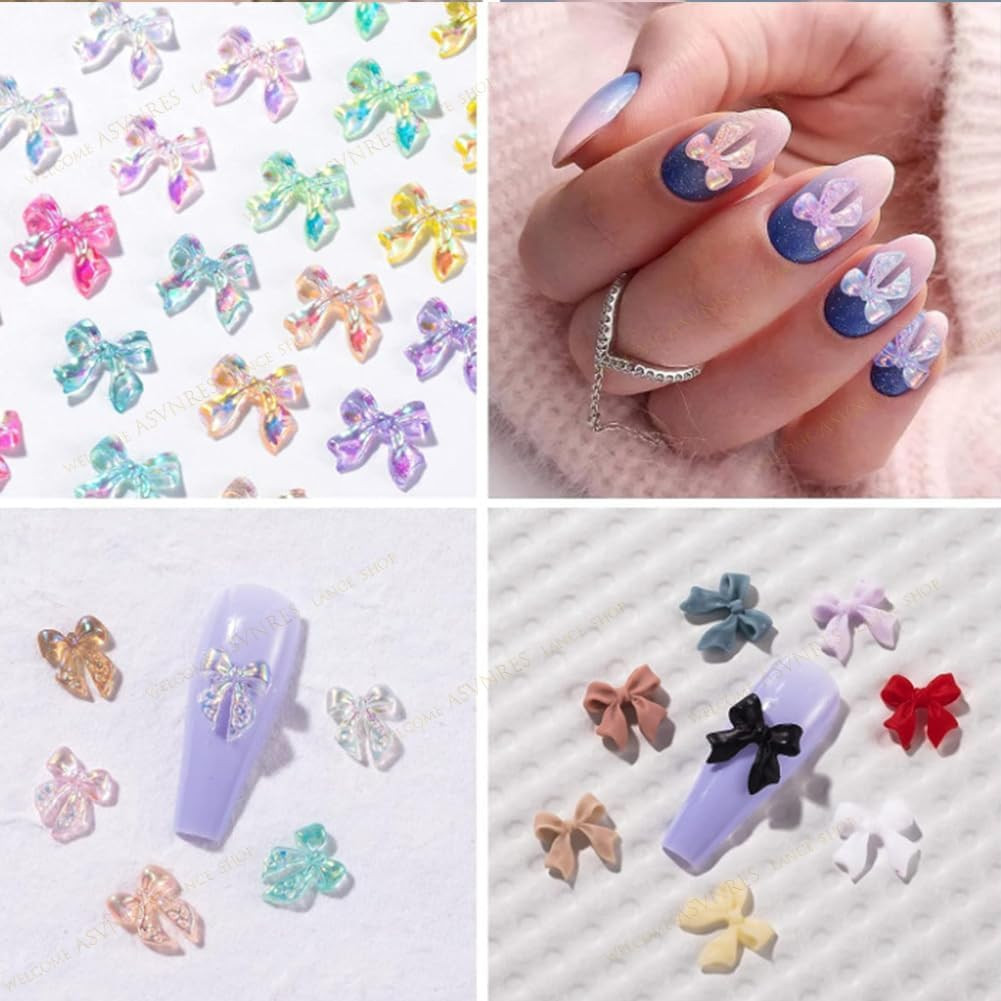 Aurora 100 Pcs Bow Nail Charm Set – Cute Butterfly, Pearl Resin, 3D Bows, Colorf