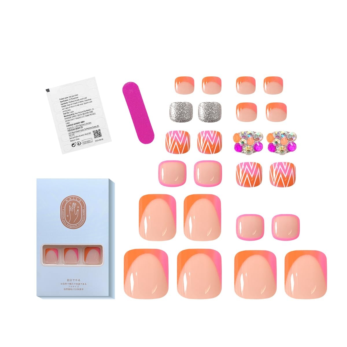 Pink French Tip Press on Toenails Square Short Orange Fake Toe Nails Summer G…