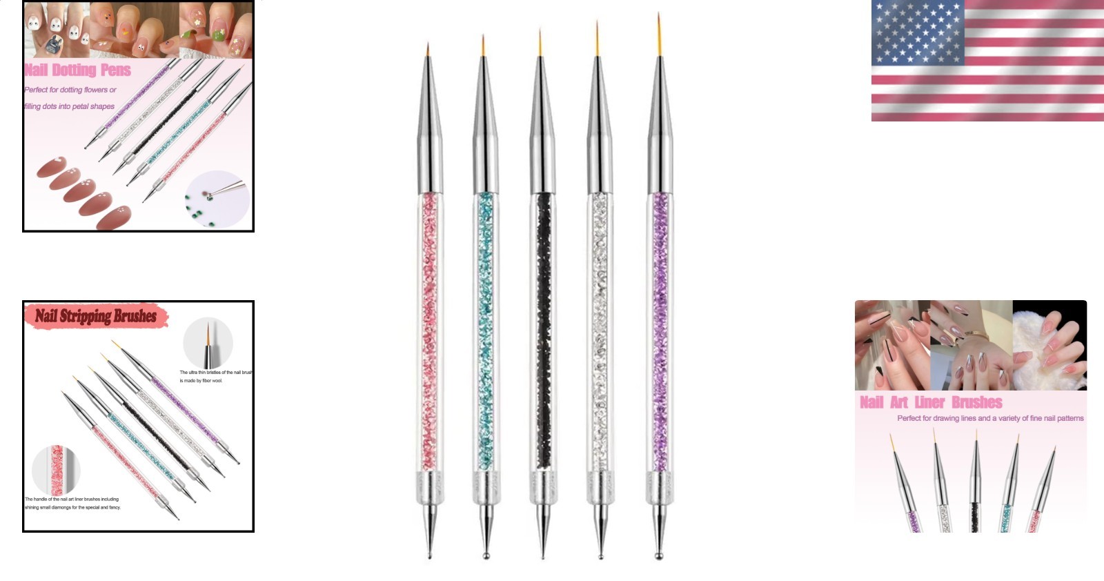 Nail Liner Brushes 5pc Professional Double-Ended Dotting Pen Set DIY French Art