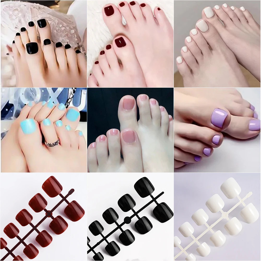 144Pcs Short Square False Toe Nails Lake Blue/White/Red/Nude Press on Toenails G
